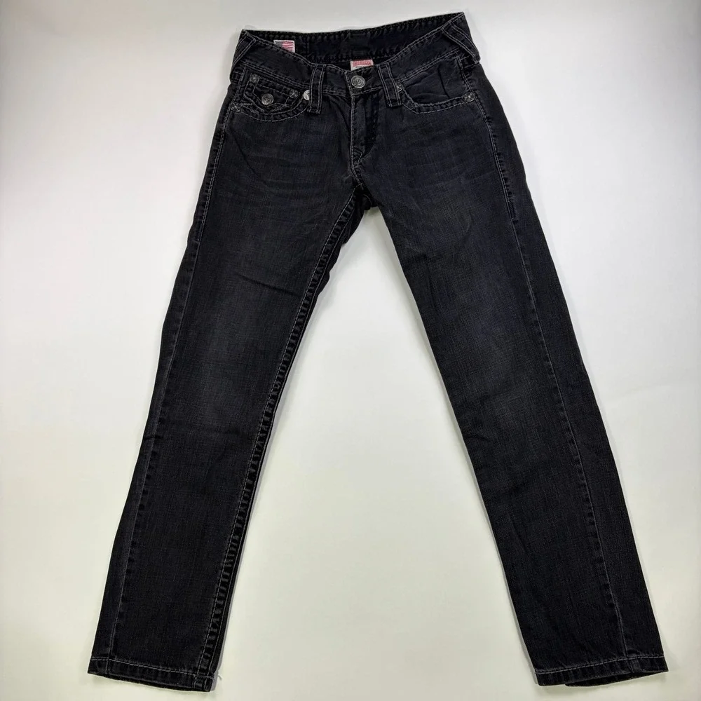 True Religion Ricky Straight Leg Jeans Mens 31 Black Faded Contrast Stitch USA